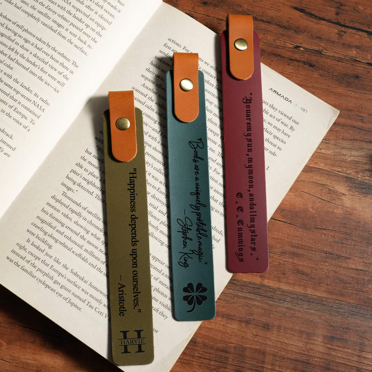 Curato Space - Custom Engraved Leather Bookmark with Pen Holder